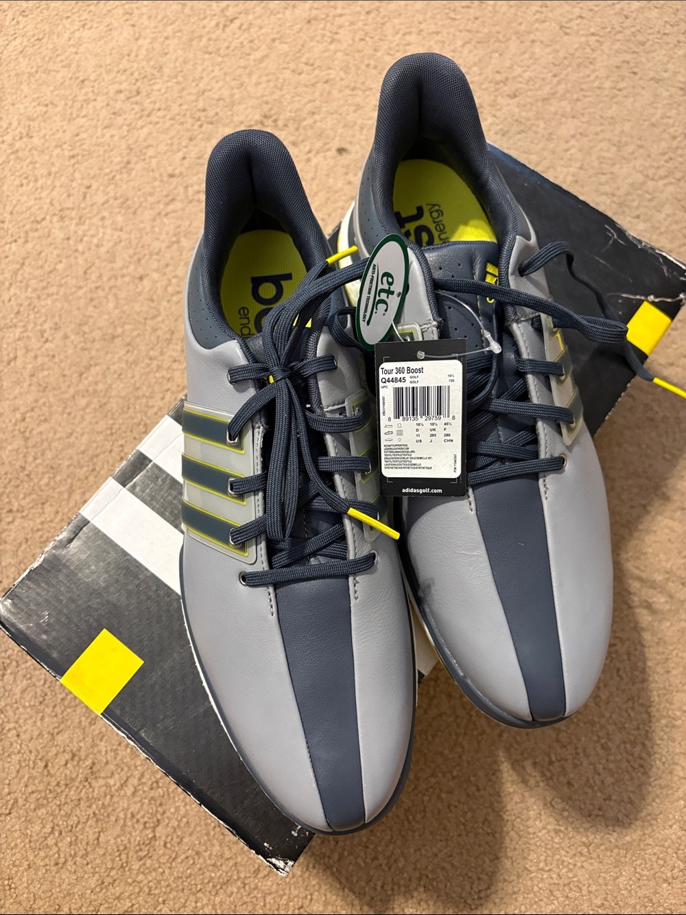 adidas Tour 360 Boost Gray and Yellow Golf Shoes - Picture 2 of 5